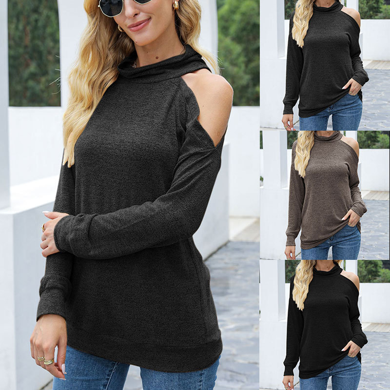 2022亚马逊欧美秋冬女装新款纯色长袖露肩小高领上衣单肩针织衫