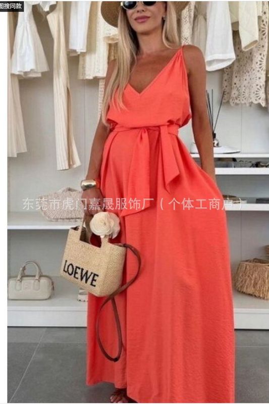 貿易婦人服 2025 越境卸売ヨーロッパとアメリカの婦人服無地蝶ネクタイドレスサスペンダーカジュアルロングスカート|undefined