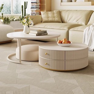 Italian Slate Coffee Table Living Room Home Cream Style Small Apartment Light Luxury Modern Simple Round Telescopic Combination Coffee Table