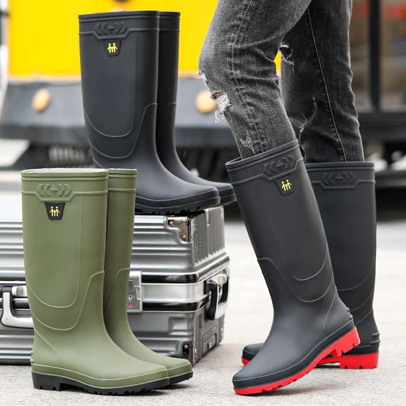 Plus Size Rain Boots for Men, High-Top Thick-Soled Wear-Resistant Rain Boots, Waterproof and Non-Slip Construction Site Warm Overshoes, Four-Season Water Shoes, Rubber Shoes