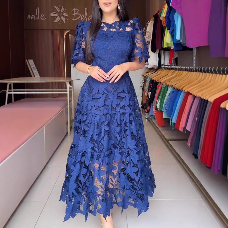 [Large Stock] European and American Cross-Border 2025 New Summer Style Lace Cut Out Round Neck Long Waist Dress