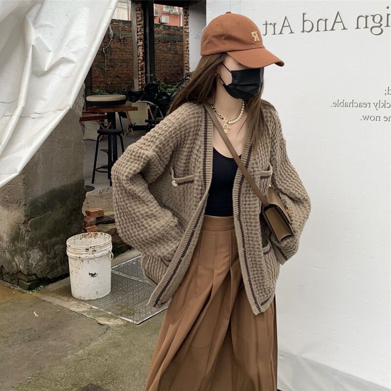 Tweed Style Tops for Women, Autumn New Design, High-End Outer Wear, Waffle Knitted Cardigan, Sweater Jacket, One Size Fits All