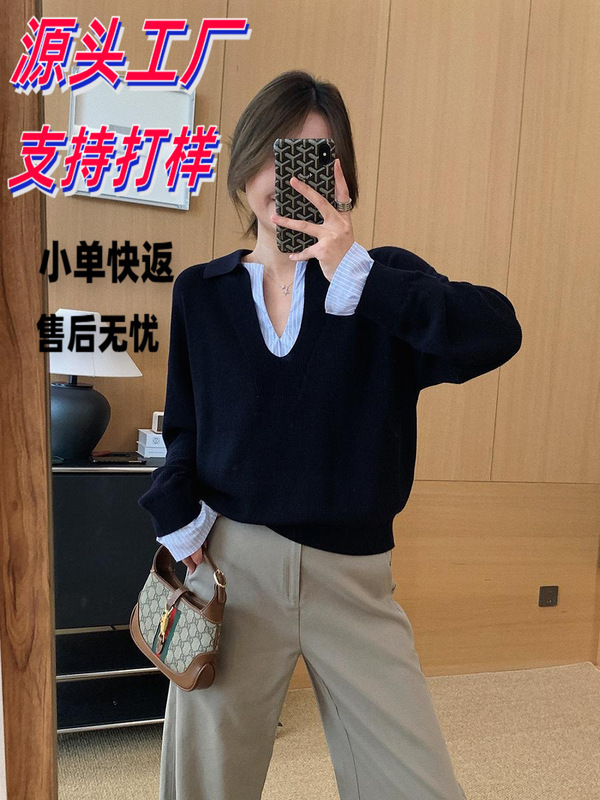 定制工厂秋冬新款内穿外搭假两件针织上衣拼接polo领针织衫打底衫|undefined