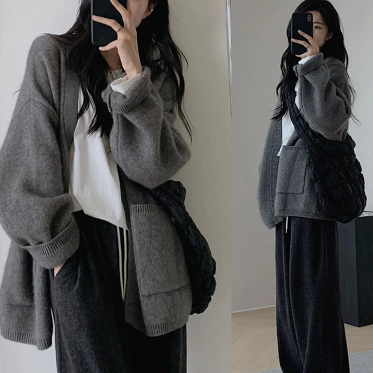 Gray Woolen Sweater Women's Mid-Length Sweater Jacket Autumn and Winter Loose Lazy Style Cashmere Knitted Cardigan for Outer Wear
