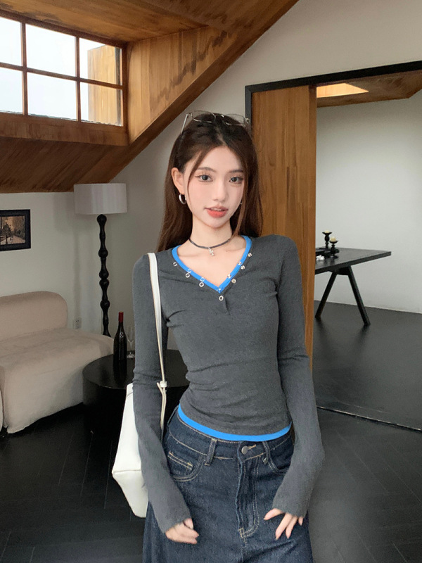 韓国グレー偽ツーピース V ネック T シャツ女性のための初秋シックな甘いホットガールデザインスリムボトムシャツショートトップ|undefined