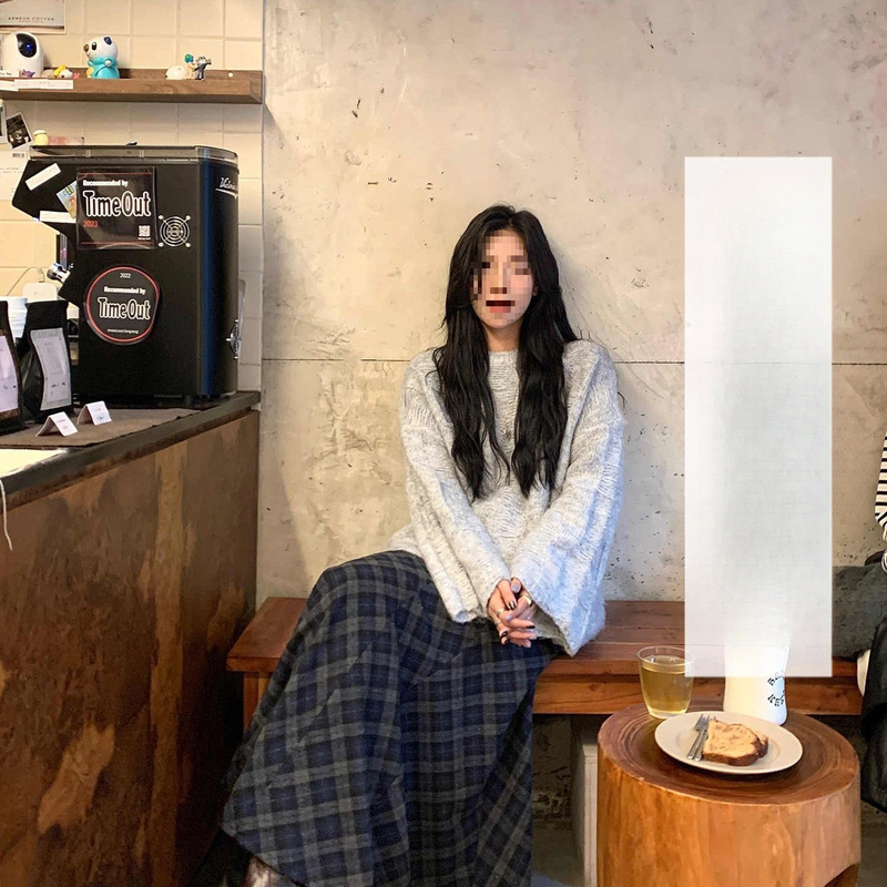 斜纹蓝灰格纹磨毛半身裙女2025新款秋早秋加厚A字裙|undefined