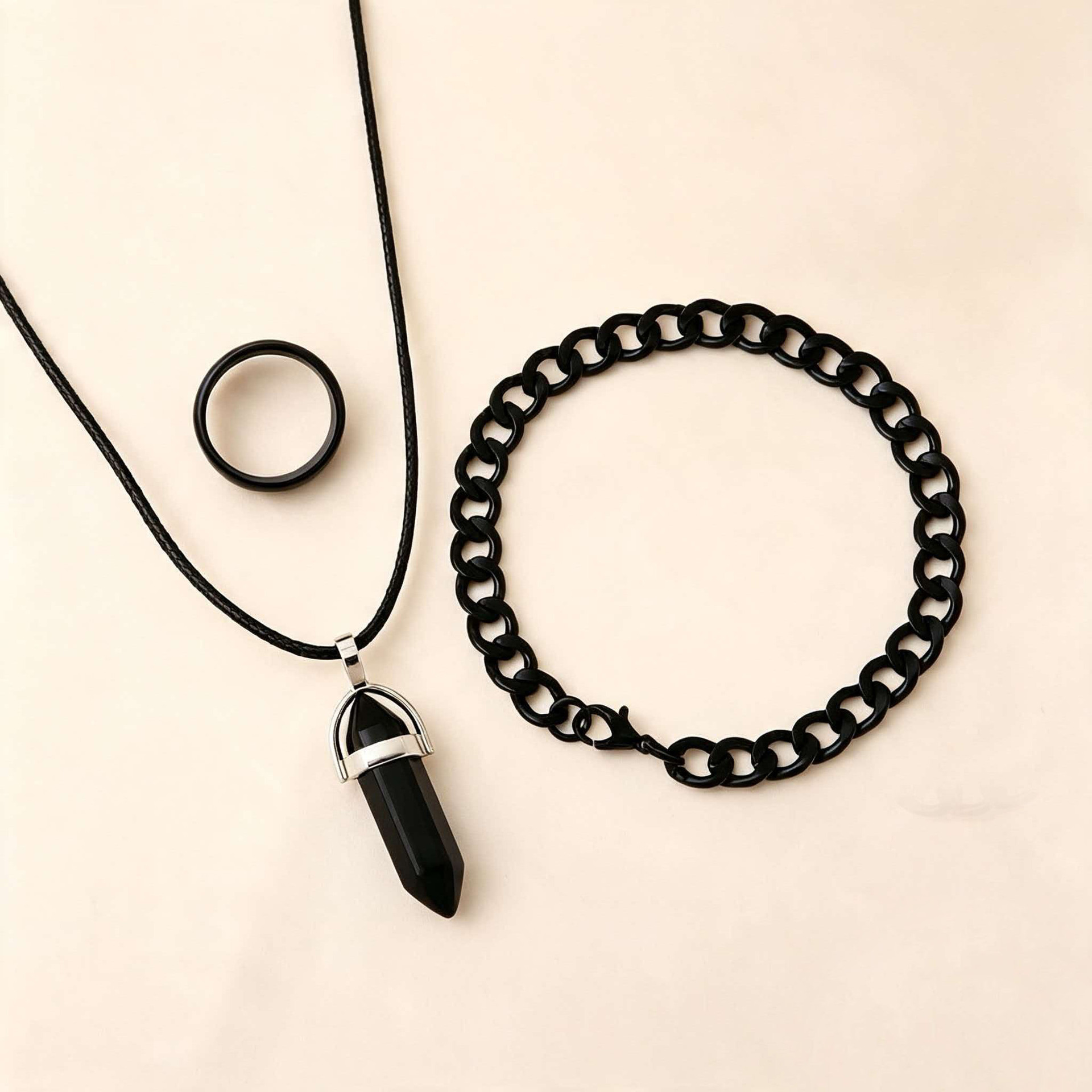 European and American style handmade woven cowhide bracelet, leather cord, hexagonal prism pendant necklace set, popular jewelry.