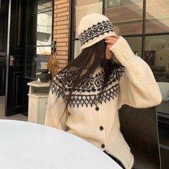 韩系复古针织费尔岛提花毛线帽子女秋冬新款休闲百搭显脸小冷帽潮