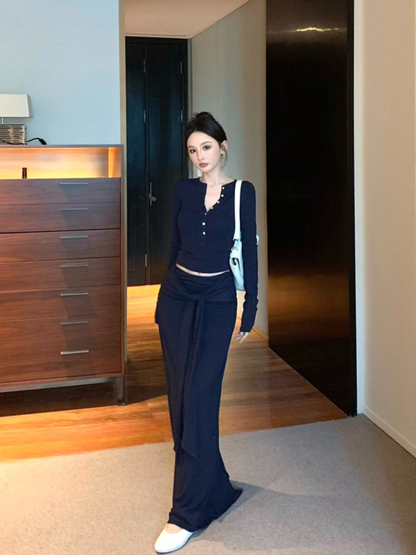 女装套装裙秋季辣妹修身显瘦长袖T恤上衣绑带垂感半身包臀长裙子|undefined