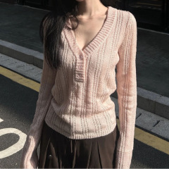 【现货】早秋时尚领毛织上衣女竖坑条螺纹镂空针织衫粉色其它