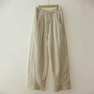 2024 winter new literary style elastic high waist solid color Tencel linen casual trousers women's straight cotton trousers