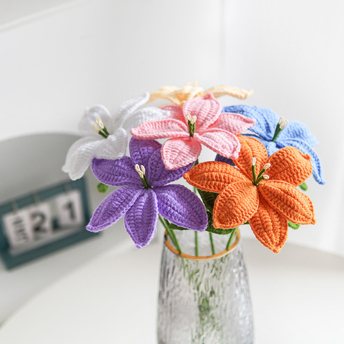 Cross-border handmade woolen crocheted milk cotton lily flower knitted ornaments for decoration, simulated bouquets, finished products, souvenir gifts