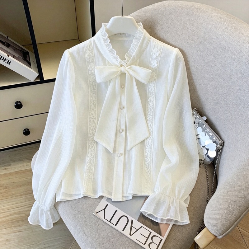 Real shot of 2026 autumn French-style elegant stand-collar bow-tie long-sleeve women's shirt with unique design, niche chiffon top Real shot of 2026 autumn French-style elegant stand-collar bow-tie long-sleeve women's shirt with unique design, niche chiffon top