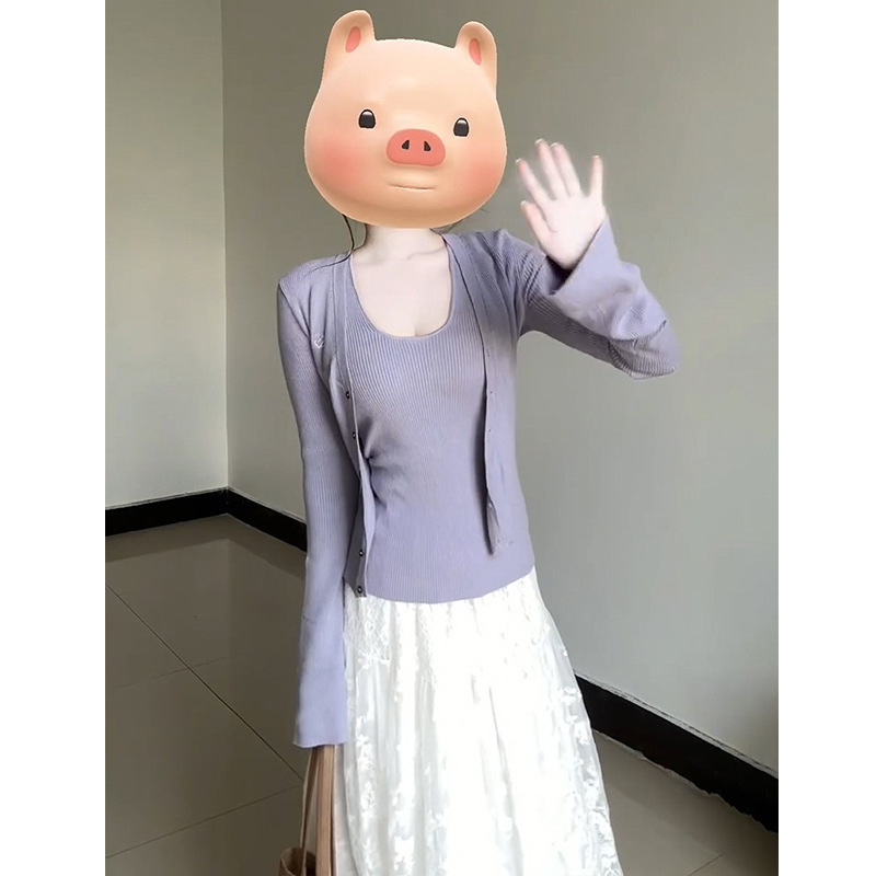 气质温柔针织开衫外套女秋季长袖薄款挂脖背心紫色设计感两件套装|undefined