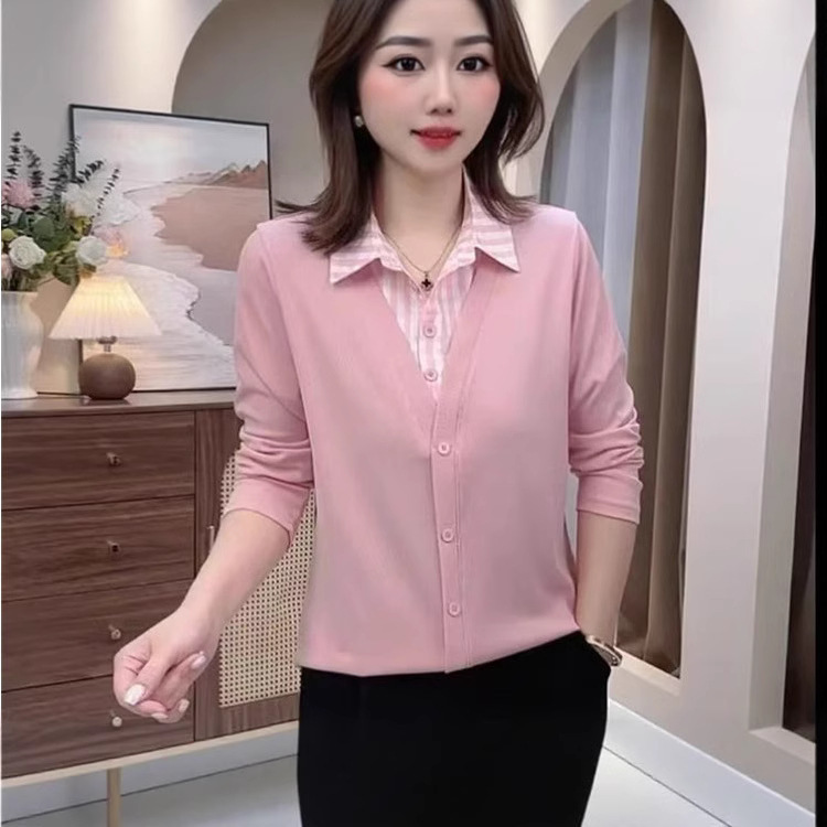 一件代发直播爆款2025春秋衬衫翻领女士拼接长袖T恤女假两件上衣|undefined