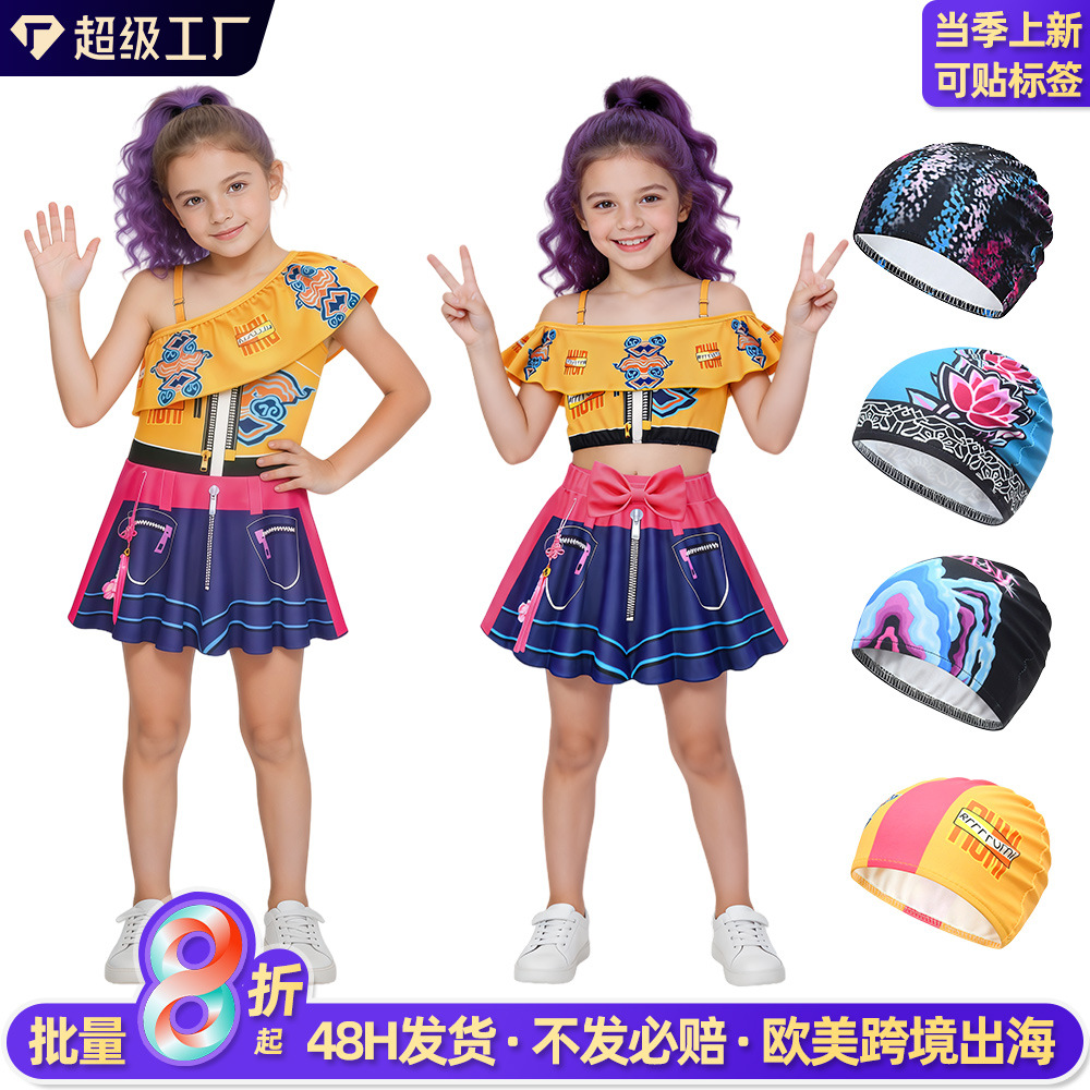 New Children's Swimsuit K-Pop Demon Hunter Girls Group Cosplay Swimsuit One-Shoulder Split Skirt Swimsuit Girls' Performance Costume