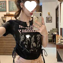 复古做旧短袖t恤夏季宽松抽绳设计感辣妹上衣图片色抽褶印花绣花