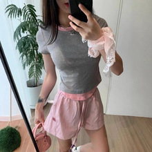 撞色竖条纹抽绳字母刺绣阔腿短裤男女同款宽松夏季热裤休闲三分裤