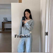 TG 小众纯色螺纹单排扣针织衫女2025春秋新款后系带设计上衣24471