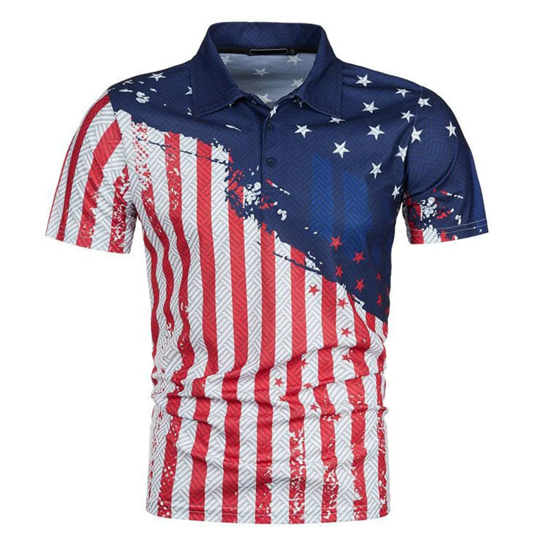 Summer 3D Printing American Flag Men's Polo Shirt Fashion Streetwear Lapel Short Sleeve T-Shirt Casual Button