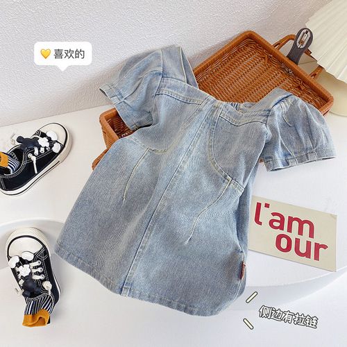 Little Girl Korean Version Popstar Denim Short Sleeve Dress 2024 New Summer Outfit Baby Kids Fashion Bubblesleeve Skirt