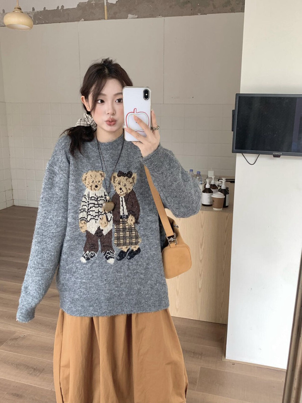 复古卡通小熊刺绣套头毛衣女2025秋冬新款韩版宽松慵懒针织外套厚|undefined