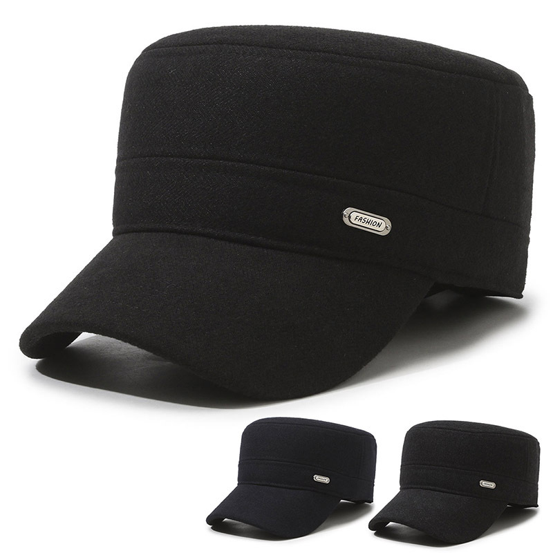 Automne hiver nouveau haut plat à avant-toit court pour hommes d'âge moyen et âgés, chapeau en coton chaud d'extérieur, oreille décontractée résistante au froid_voghion.com