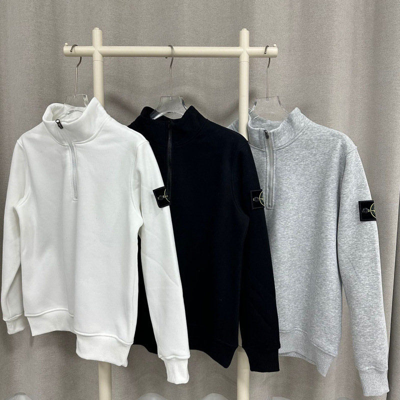 Stone Island Spring and Autumn New Ins Compass Emblem Half-Zip Pullover Solid Color Stand-Up Collar Loose Sweatshirt for Men