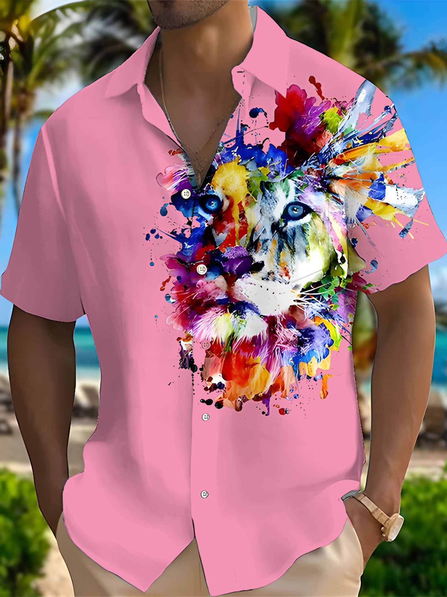 Camisa Camisa transfronteriza Coconut Tree Europa y América 2024 Nuevo estilo Hawaiian explosivo casual 3D manga corta impresión de manga corta