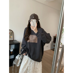 水泥灰插画印花落肩袖大版型加绒加厚宽松百搭休闲卫衣女