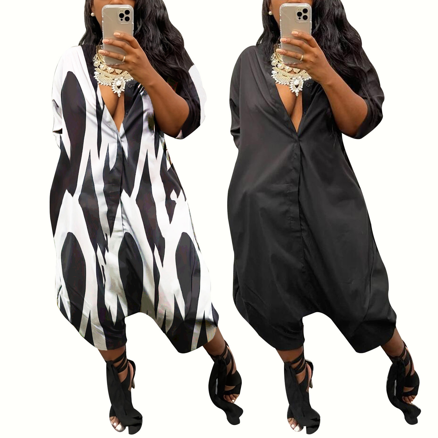 M3030 Cross-border Women's Solid Color Autumn and Winter New Cardigan Loose Wide Leg Pants Casual Jumpsuit Foreign Trade Europe and America