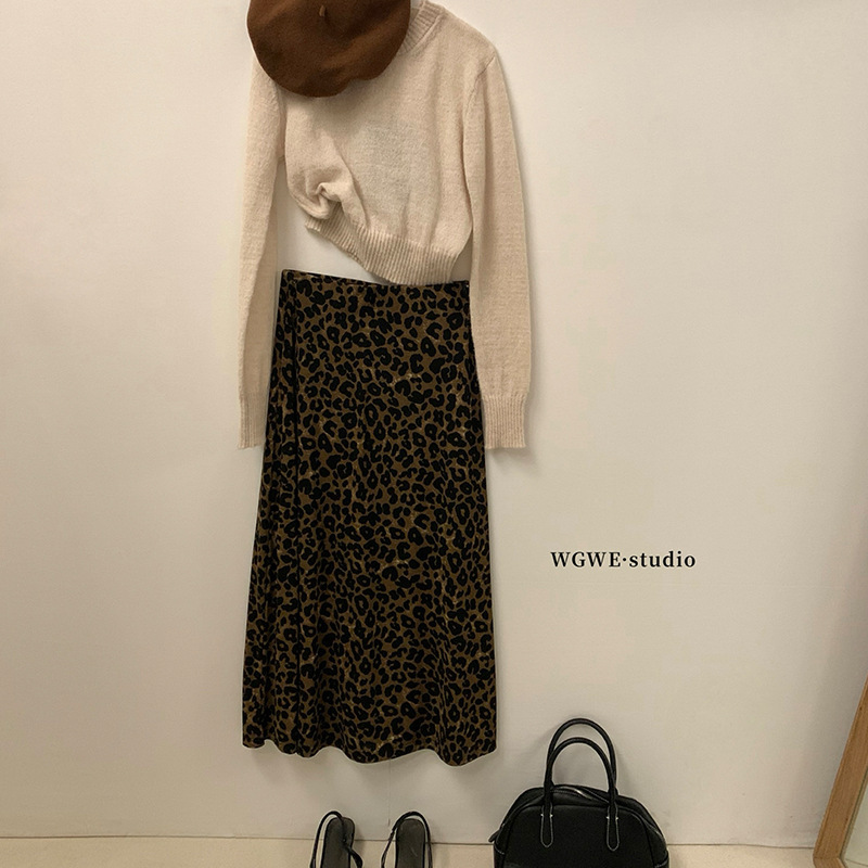 WGWE7088豹纹半身裙a字松紧高腰长裙高级感显瘦休闲裙子|undefined