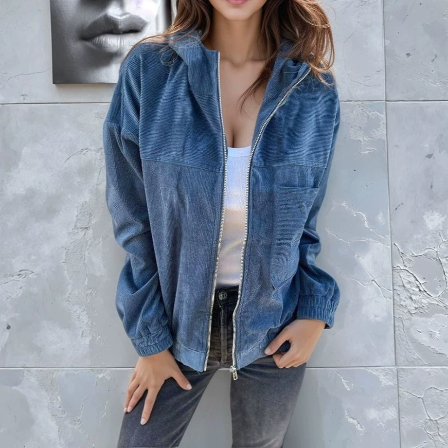 Женская куртка-ветровка из вельвета с капюшоном, карманами и молнией, весна-осень 2025, кросс-бордер