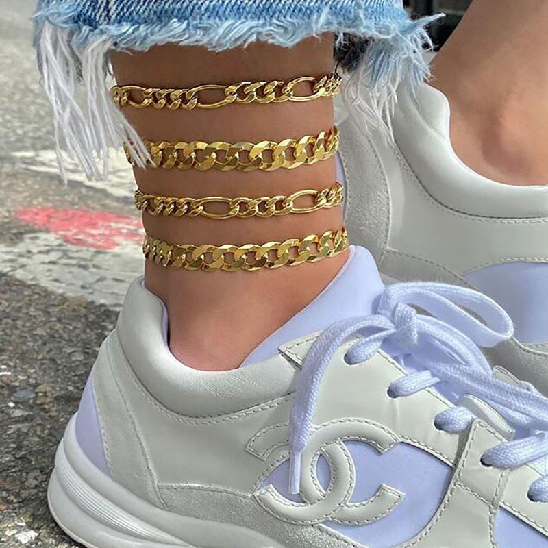 欧美简约多层粗细链混搭4件套脚链 波西米亚沙滩风合金脚链脚饰品