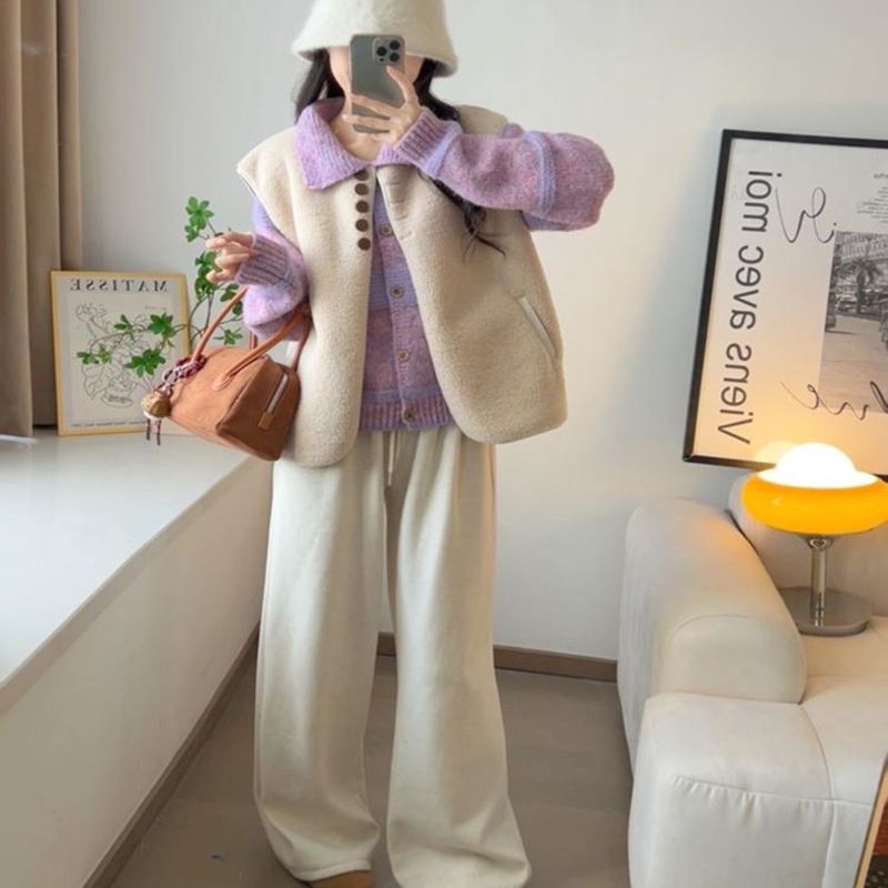 紫色翻领针织开衫女春秋2025新款软糯高级感撞色宽松减龄毛衣上衣|undefined