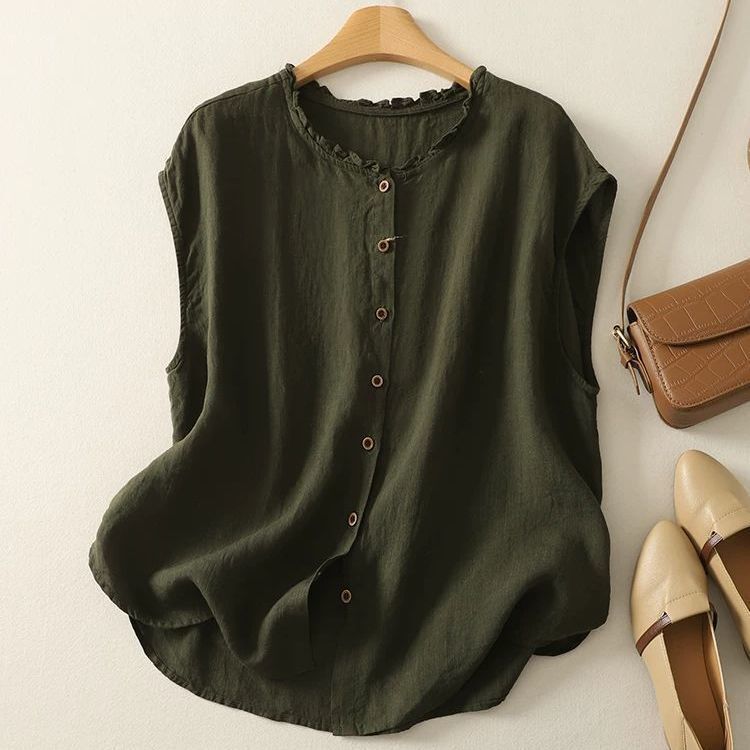 Cotton and Linen T-Shirt Lace Collar Cardigan 2026 Summer New Fashion Casual Versatile Sleeveless Vest T-Shirt Top for Women