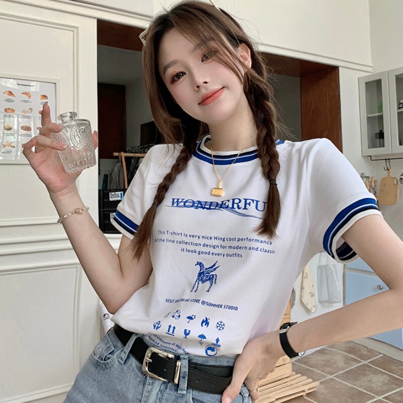 Korean Style Tops with Jeans, Unique Design, Niche Contrasting Color Short-Sleeved Right Shoulder T-Shirt for Women Summer