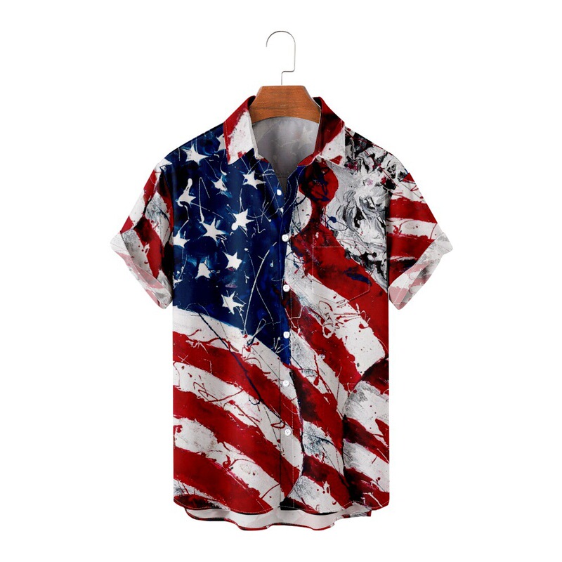 2023 Cross-Border Summer New Independence Day Men's Large Size Lapel Cardigan Top American Men's Shirt Pocket 2023 Cross-Border Summer New Independence Day Men's Large Size Lapel Cardigan Top American Men's Shirt Pocket