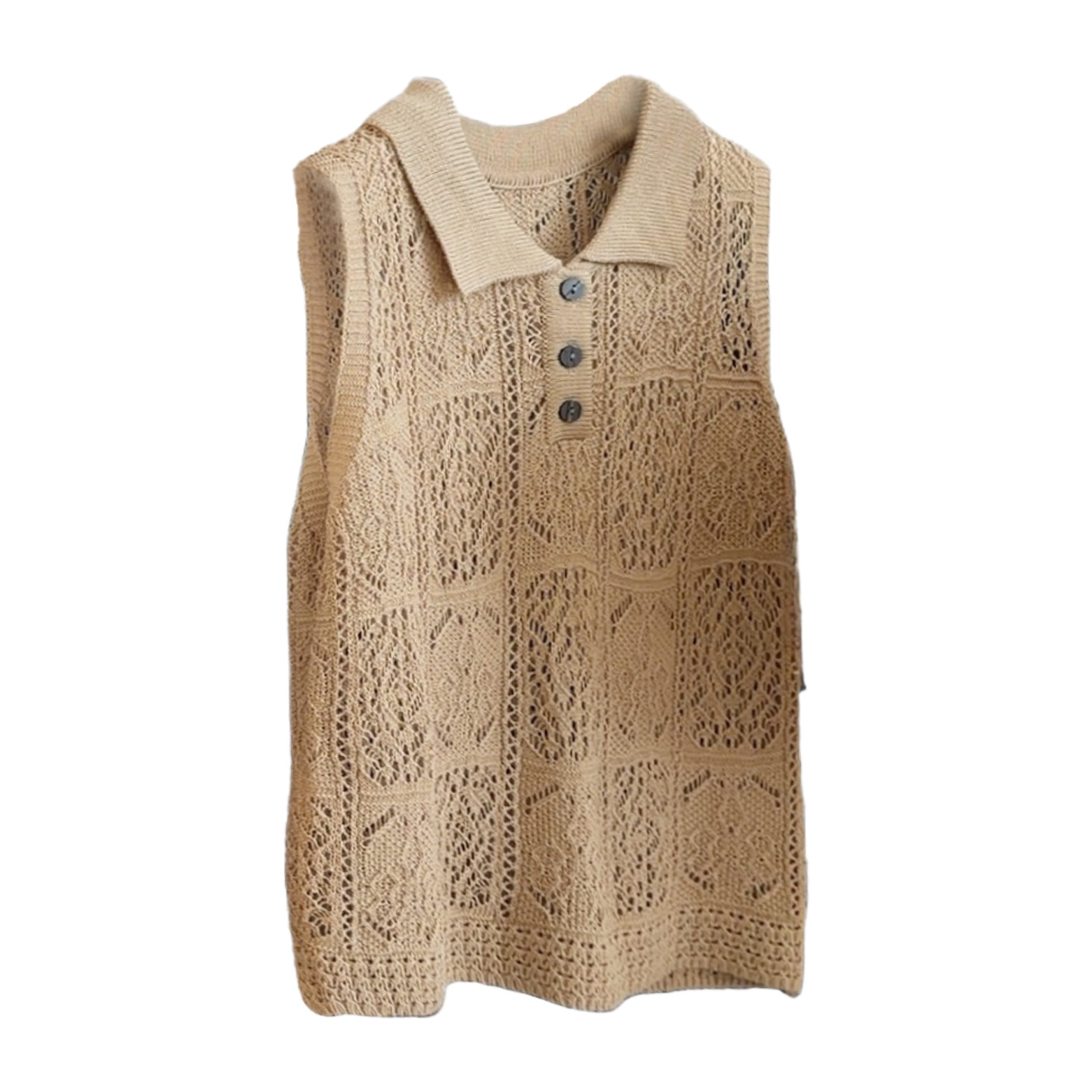 Women's Slim Fit Knitted Vest Apricot Polo Collar Hollow out Sleeveless Top High End Fashionable Versatile New Summer Style_ecoleips.com