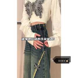 大码美式复古侧边拉链毛边直筒牛仔裤女秋季蝴蝶贴宽松阔腿长裤子