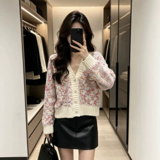 小香风韩系立领拉链针织开衫女春秋新款宽松显瘦老钱风毛衣外套