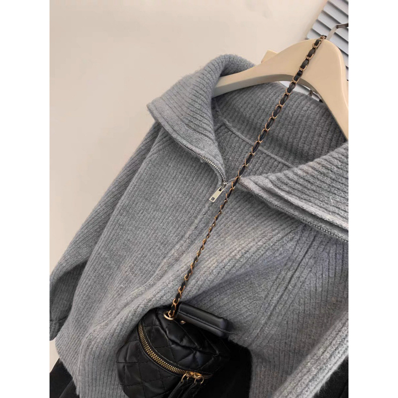 Trece líneas de alta calidad suéter de collar púrpura con cremallera abrigo de mujeres otoño y invierno temperamento perezoso cardigan de punto