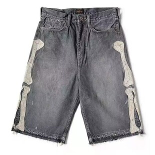 Cross-Border European and American Trendy Brand Embroidered Denim Shorts Men's High Street Retro Bone Embroidery Loose Casual Mid-Pants