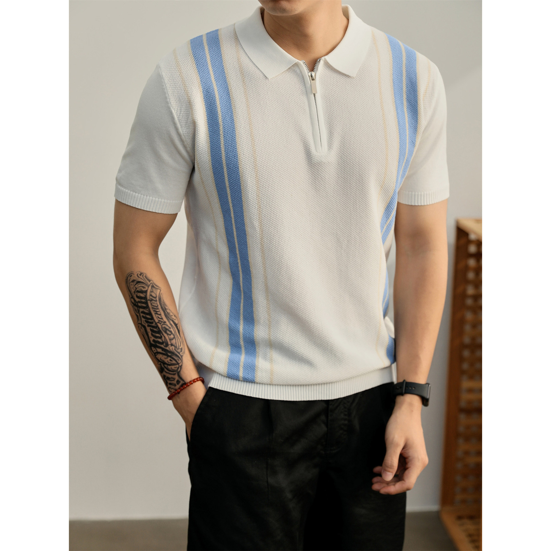 Polo camiseta de punto camiseta de manga corta hombre solapa media cremallera rayas viejas camiseta de viento de verano transfronterizo transpirable fábrica al por mayor t