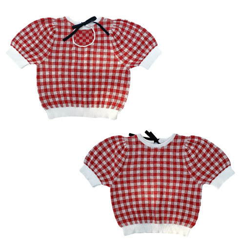 New Women's Children's Checkered Short Sleeve Top Summer Thin Knit Shirt Korean Version Baby Bubblesleeve Clothing Doll Shirt
