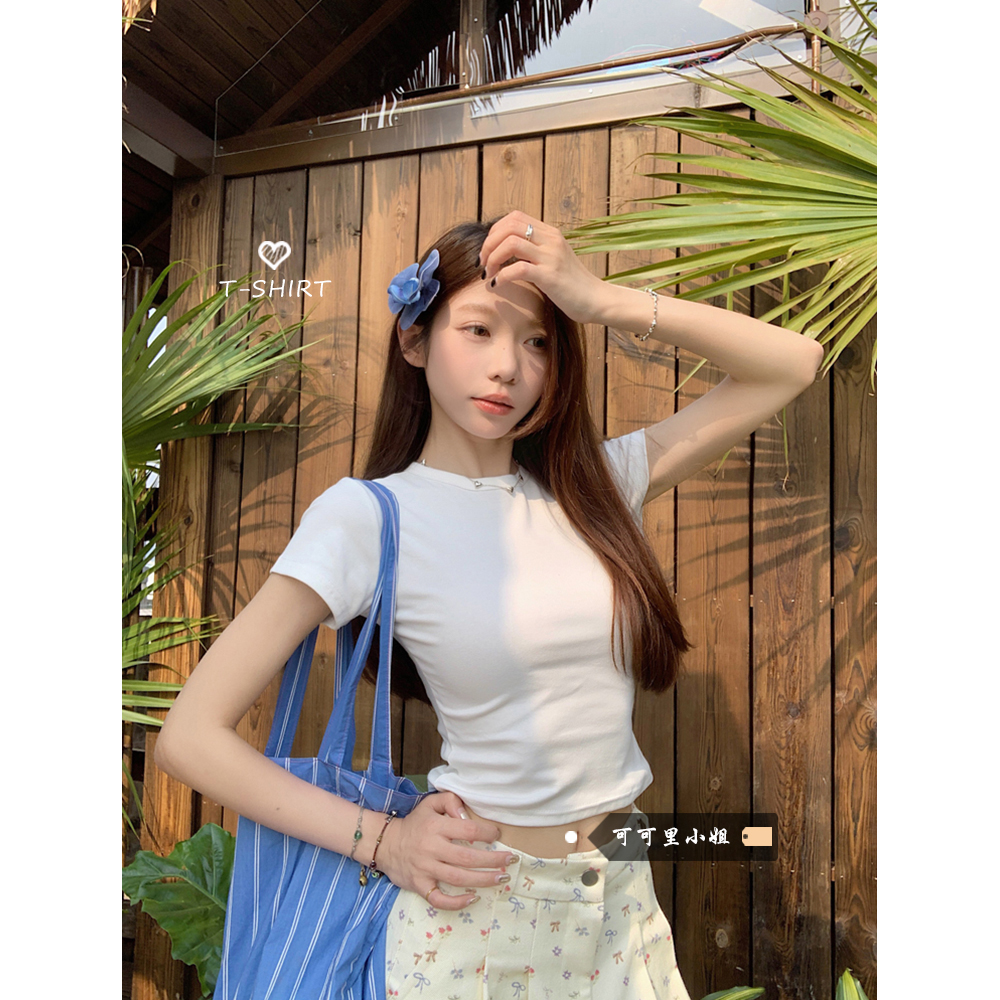 Summer Slim Fit Women's Basic Short-Sleeve T-Shirt, New Korean Style, Straight Shoulder, Slim Fit, Flattering, Plain Color Base Layer