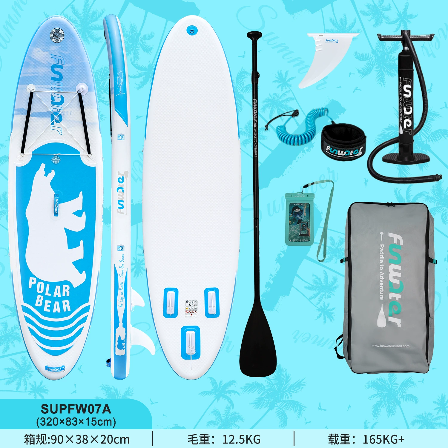 Надувная SUP доска (Inflatable), размеры 240–350×76–84×10–15 см, drop‑stitch, противоскользящая дека