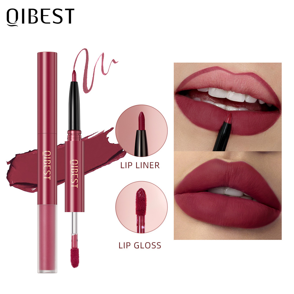 carina QIBEST Two in One Color lipliner Waterproof Matte Velvet Colorless Double Head Lip Glaze_voghion.com