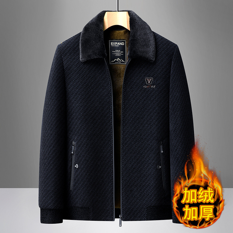 Men's winter chenille coat for middle-aged and elderly men, with fleece lining, thickened collar, and fur trim, casual and warm.