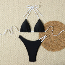 跨境新款泳衣女欧美性感纯色比基尼显瘦露背绑带纯欲风比基尼现货